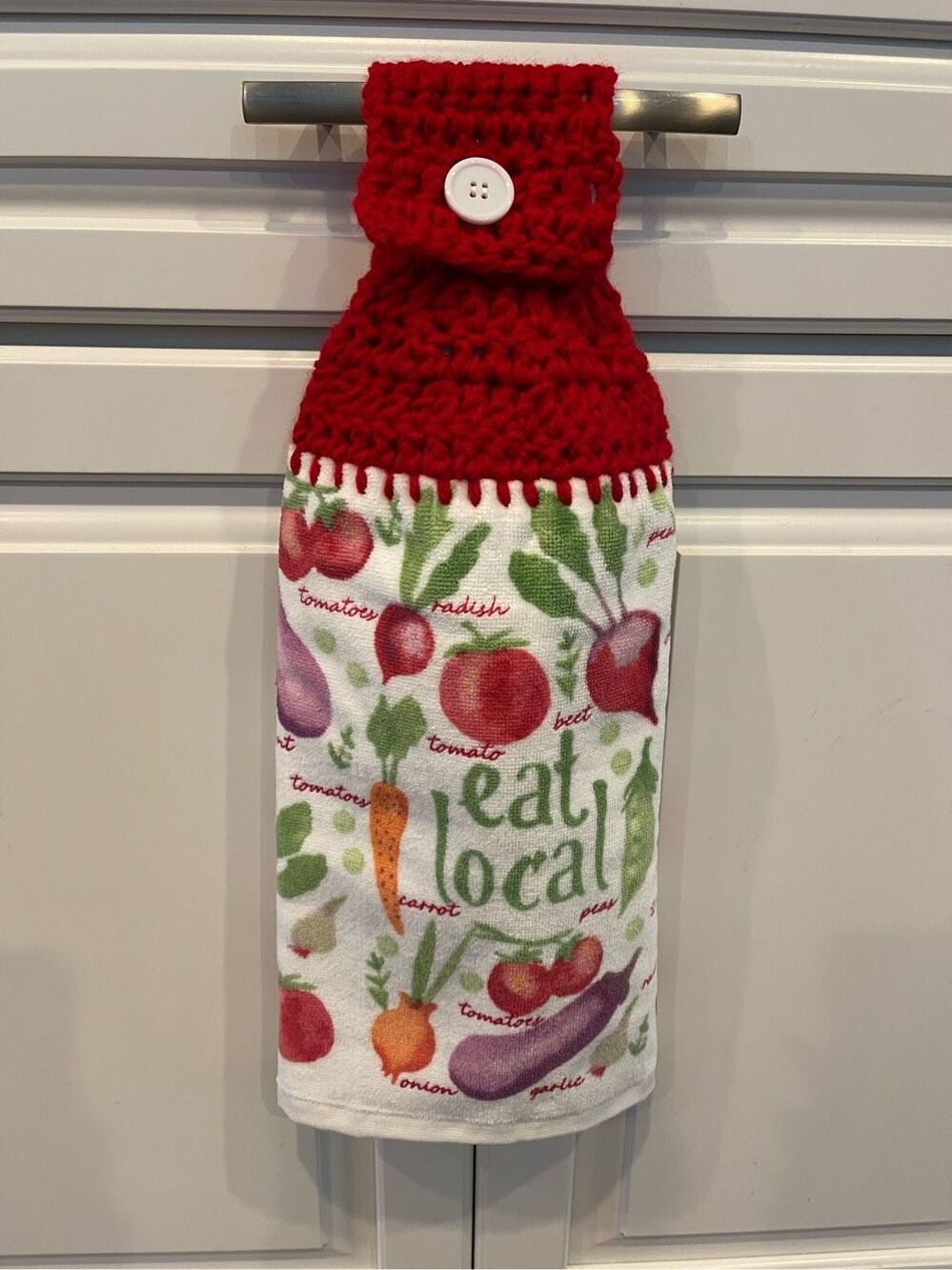Crochet Top Kitchen Towel- Vegetable Gardening Eat Local